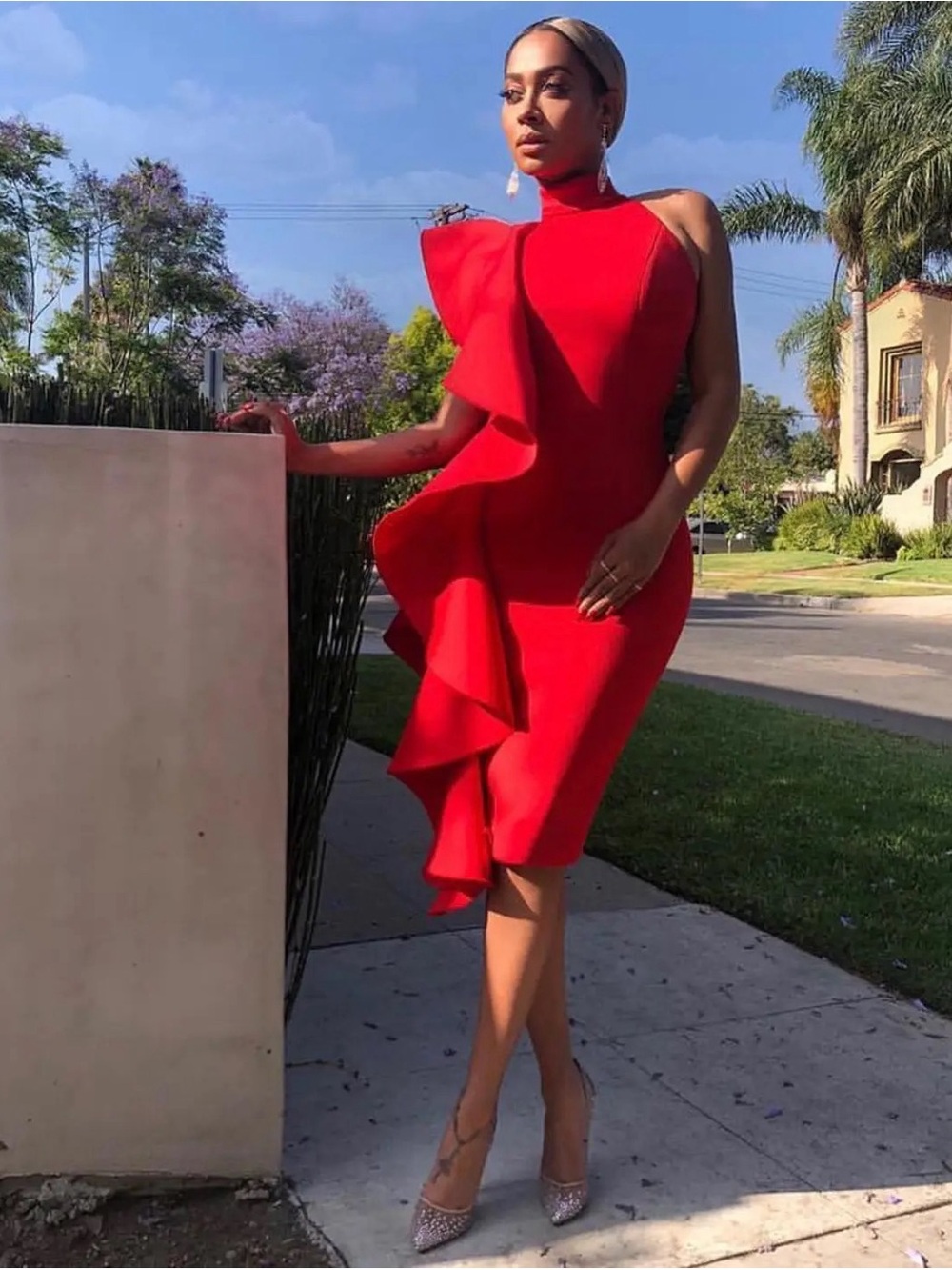 NWT Jovani 60297 Scuba Cocktail Dress Tomato Red Asymmetric Ruffle Midi 12